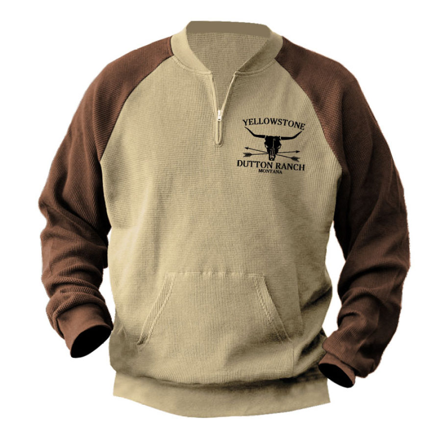 

Sweat-Shirt Homme Vintage Waffle Henley Col Zip Yellowstone Poche Color Block Quotidien Hauts
