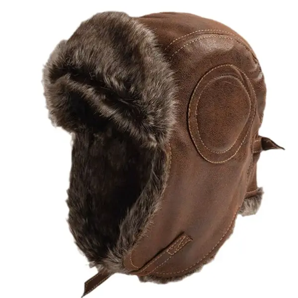 Retro Distressed Leather Outdoor Pilot Hat Fleece Windproof Ear Protection Hat To Keep Warm During Winter Cycling - Cotosen.com