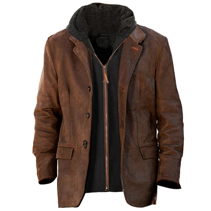 

Veste Rétro Pour Hommes Doublure Polaire En Daim Veste à Capuche Fausse Deux Pièces Fermeture éclair Double Couche Col Montant Blazer De Longueur Moyenne