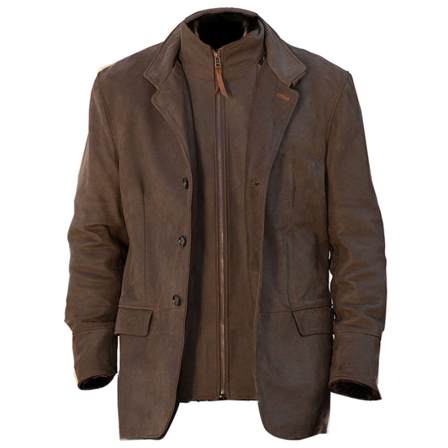 

Veste En Daim Rétro Pour Hommes Faux Deux Pièces Fermeture éclair Double Couche Col Montant Blazer Manteau De Longueur Moyenne