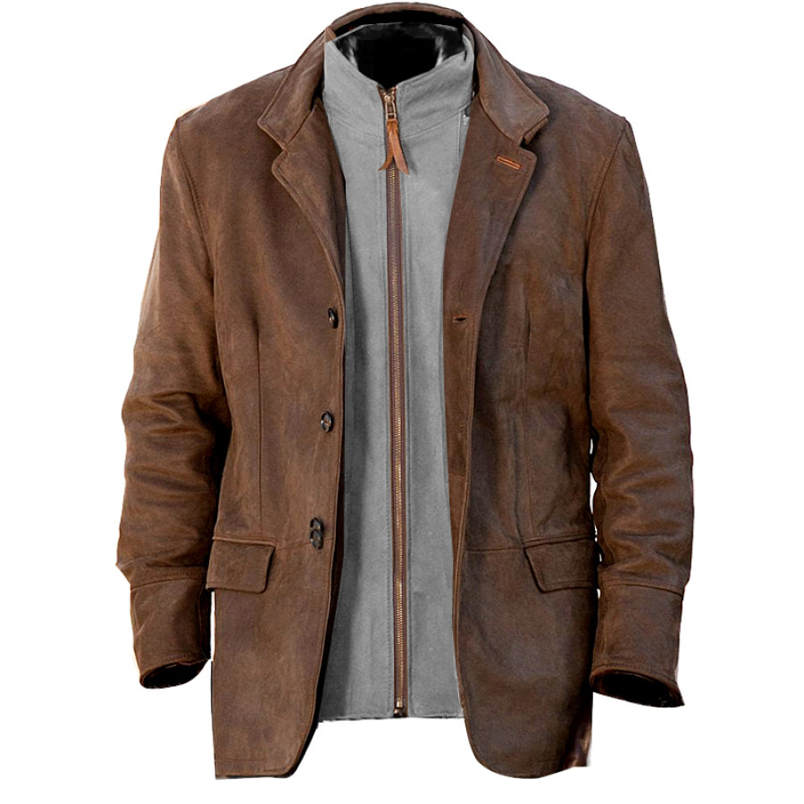 

Veste En Daim Rétro Pour Hommes Faux Deux Pièces Fermeture éclair Double Couche Col Montant Blazer Manteau De Longueur Moyenne