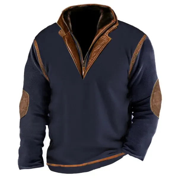 Men's Outdoor Fleece Sweatshirt Casual Zip Polo Sweatshirt Double Layer Stand Collar Long Sleeve Vintage Contrast Tacti - Cotosen.com