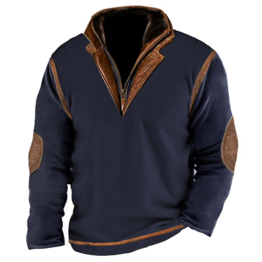 

Herren-Outdoor-Fleece-Sweatshirt Lässiges Polo-Sweatshirt Mit Reißverschluss Doppellagig Stehkragen Lange Ärmel Vintage-Kontrasttaktik