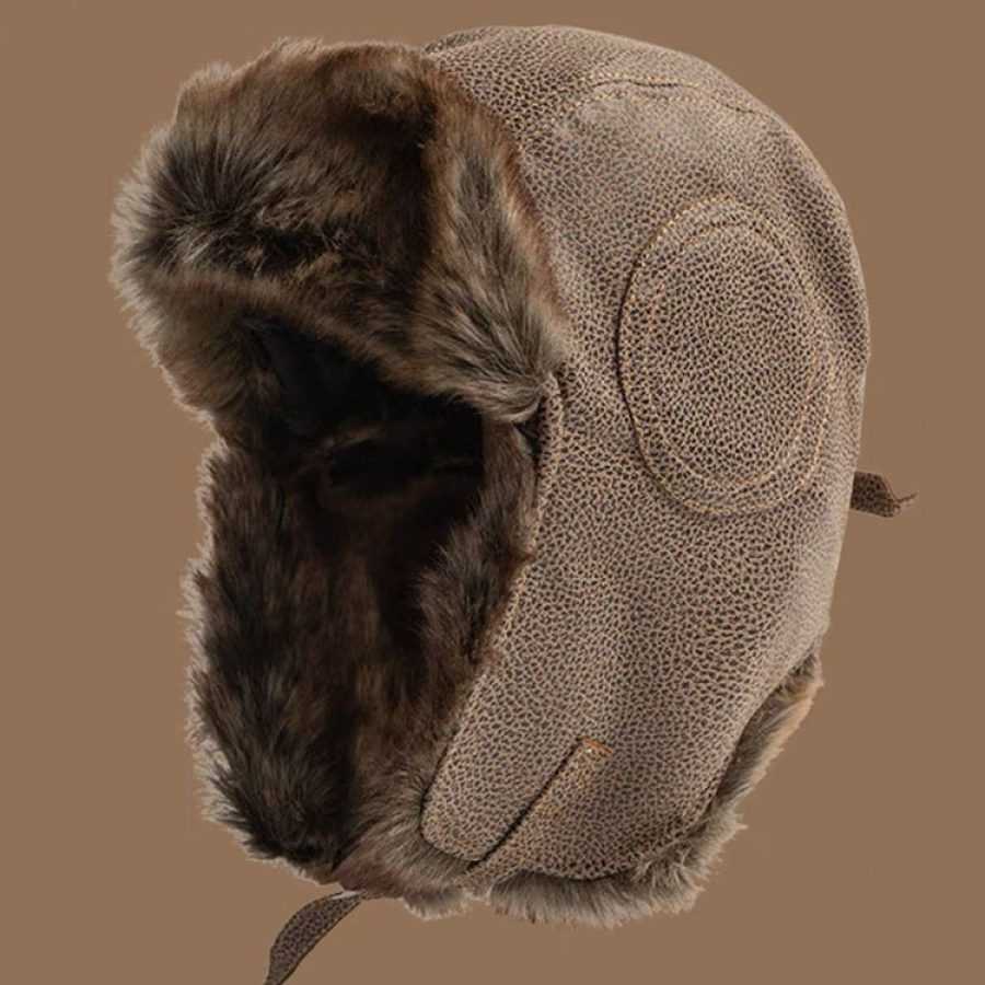 

Retro Distressed Leather Outdoor Pilot Hat Fleece Windproof Ear Protection Hat To Keep Warm During Winter Cycling