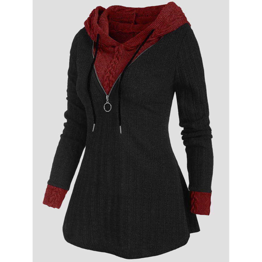 

Women's Zippered Hooded Pit Striped Twist Twist Contrast Color Sweater