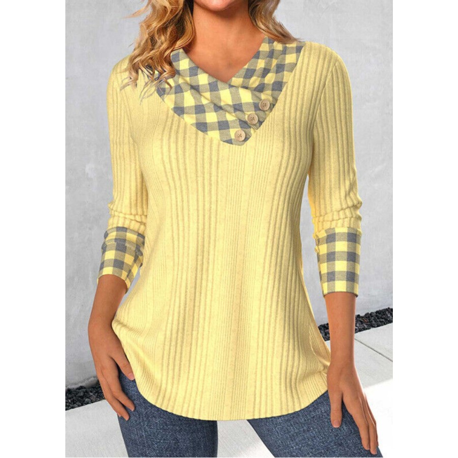 

Women's Plaid Patchwork V-neck Knitted Pit Top