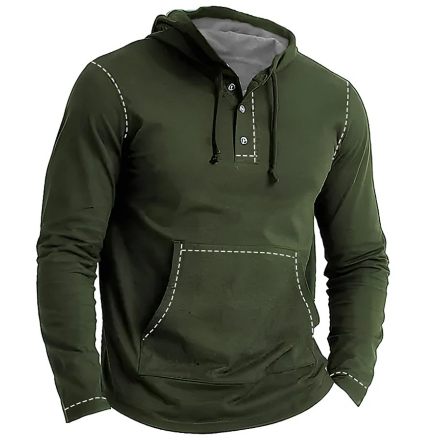 

Herren-Langarm-T-Shirt Mit Colorblock-Kapuze Resort-Patchwork Henley-Ausschnitt Und Vordertasche