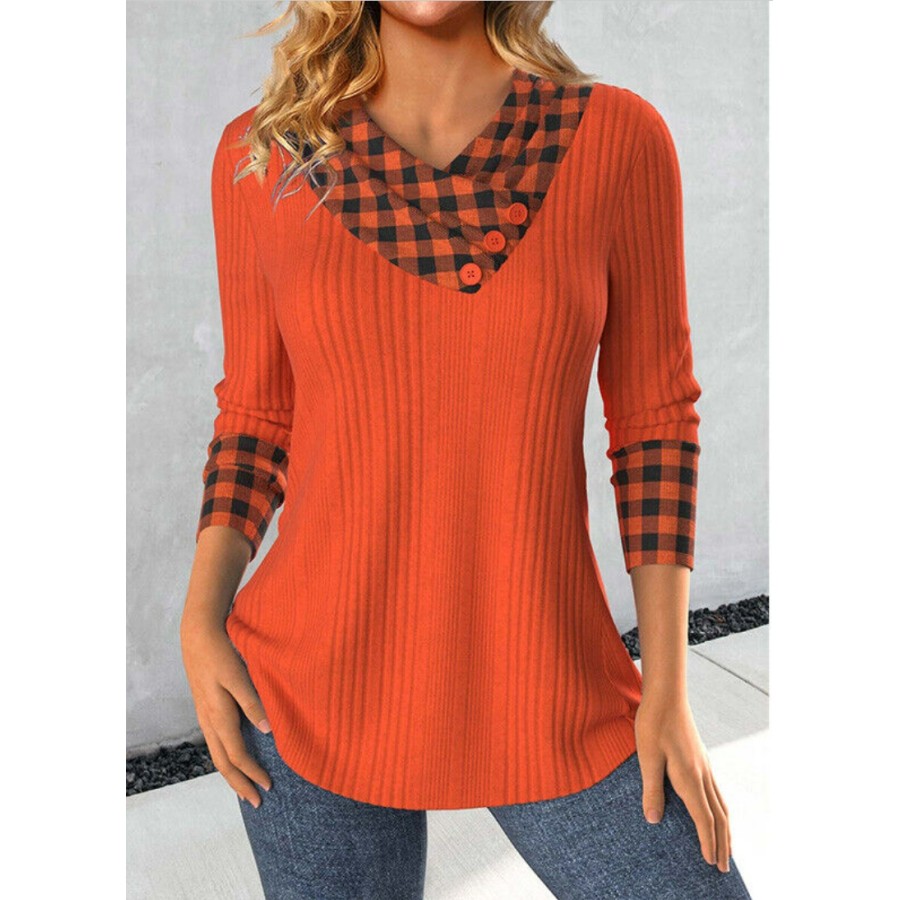 

Women's Plaid Patchwork V-neck Knitted Pit Top