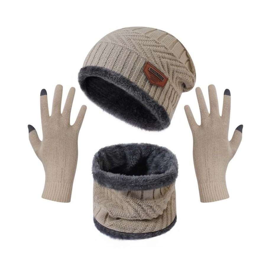 

Winter Warme Fleece-Mütze Schal Einfarbig Touchscreen-Handschuhe Dreiteiliges Set