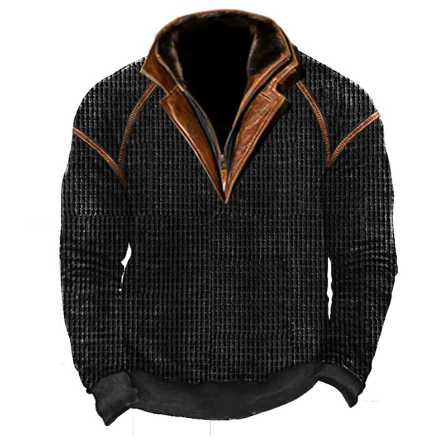 

Sudadera Para Hombre Vintage Waffle Cremallera Piel Cuello De Cuero Color De Contraste Tops Diarios