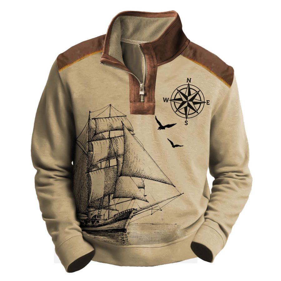 

Herren-Sweatshirt Vintage-Stil Nautisches Segelschiff Kompass Viertelreißverschluss Kontrastfarbe Tägliche Oberteile