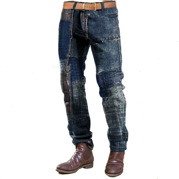 Patchwork Design Boro Print Men Vintage Corduroy Trousers Quilted Outdoor Casual Daily Pants - Cotosen.com