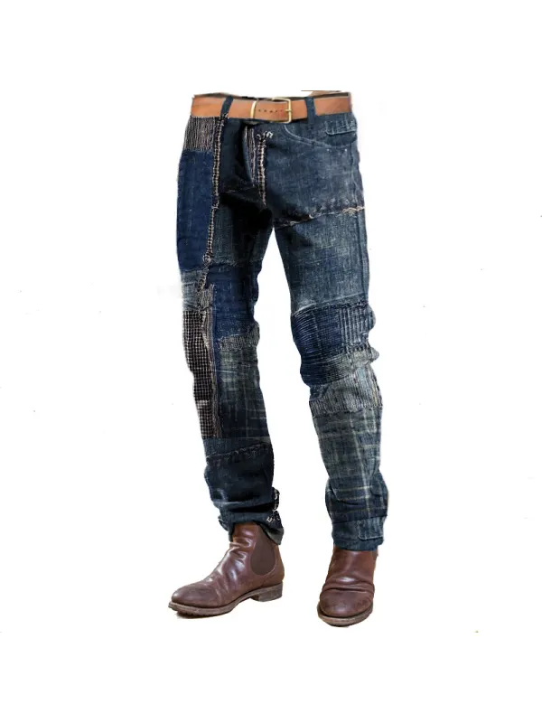 Patchwork Design Boro Print Men Vintage Corduroy Trousers Quilted Outdoor Casual Daily Pants - Valiantlive.com 
