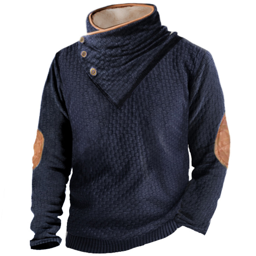 

Men's Outdoor Casual Waffle Zip Polo Sweatshirt Shawl Fleece Stand Collar Warm Vintage Contrast Tactical Pullover