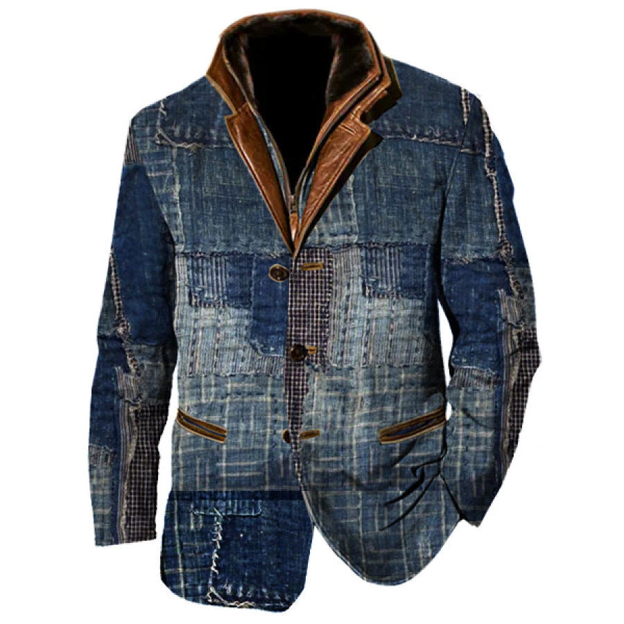 

Patchwork Design Boro Print Männer Vintage Fleece Blazer Doppelschicht Revers Pelz Lederkragen Mittellange Mäntel