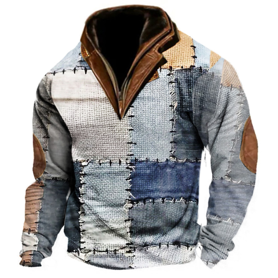 

Sweat-shirt Polo à Carreaux Pour Hommes Imprimé Patchwork Rétro Décontracté Fermeture éclair Vintage Contraste Pull Tactique