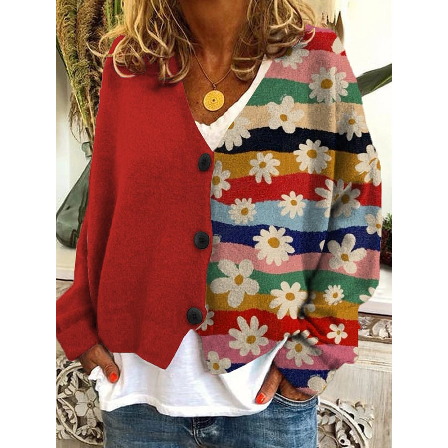 

Damen-Strickjacke Aus Fleece Mit Blumen- Und Farbdruck Und Kontrastierendem V-Ausschnitt