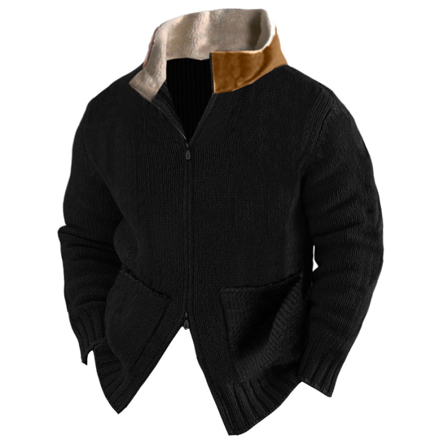 

Мужской флисовый вязаный кардиган в стиле ретро с мягким сенсорным воротником и цветными блоками куртка-свитер