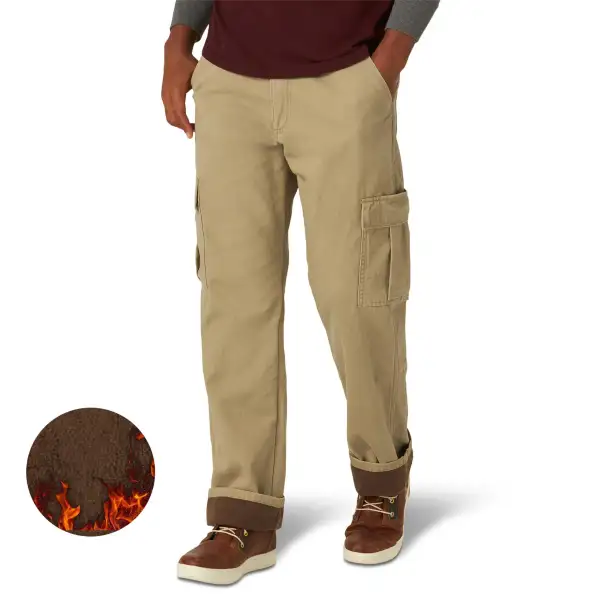 Men's Cargo Pants Vintage Fleece Warm Outdoor Trousers Khaki