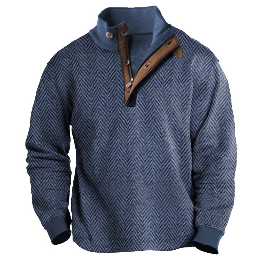 

Men's Sweatshirt Vintage Herringbone Print Button Zip Stand Collar Contrast Color Daily Tops