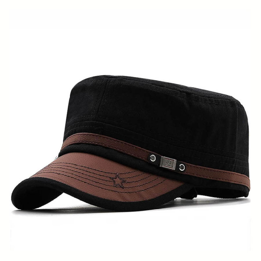 

Men's Flat-top Leather Peaked Cap Military Cap Casual Sun Hat