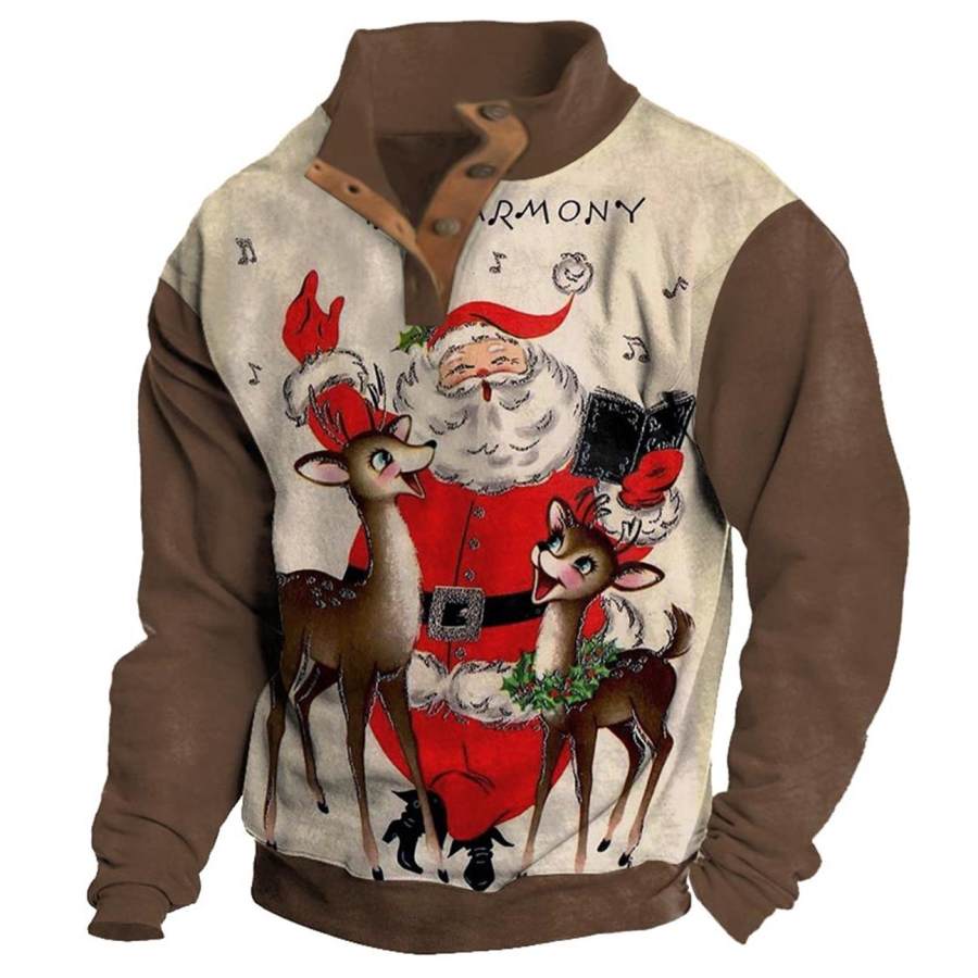 

Sudadera Para Hombre Papá Noel Ciervo Botones Navideños Cuello Alto Tops Diarios