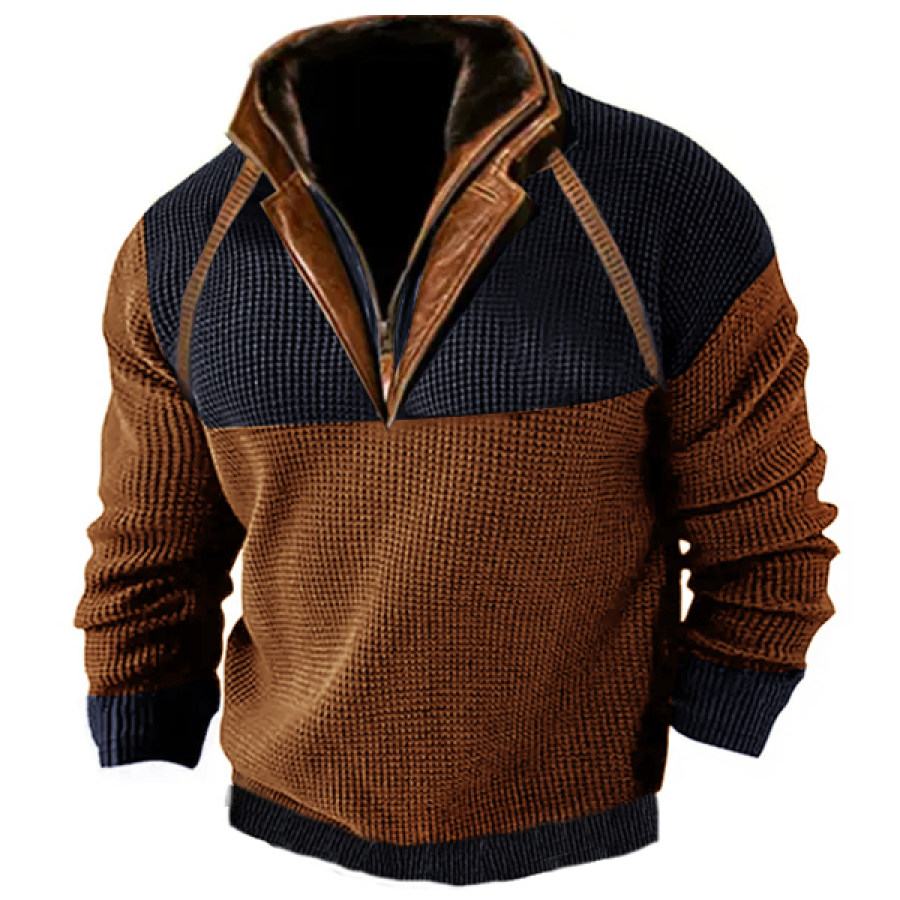 

Men's Outdoor Casual Zip Polo Sweater Sweatshirt Double Layer Stand Collar Long Sleeve Vintage Contrast Tactical Thic