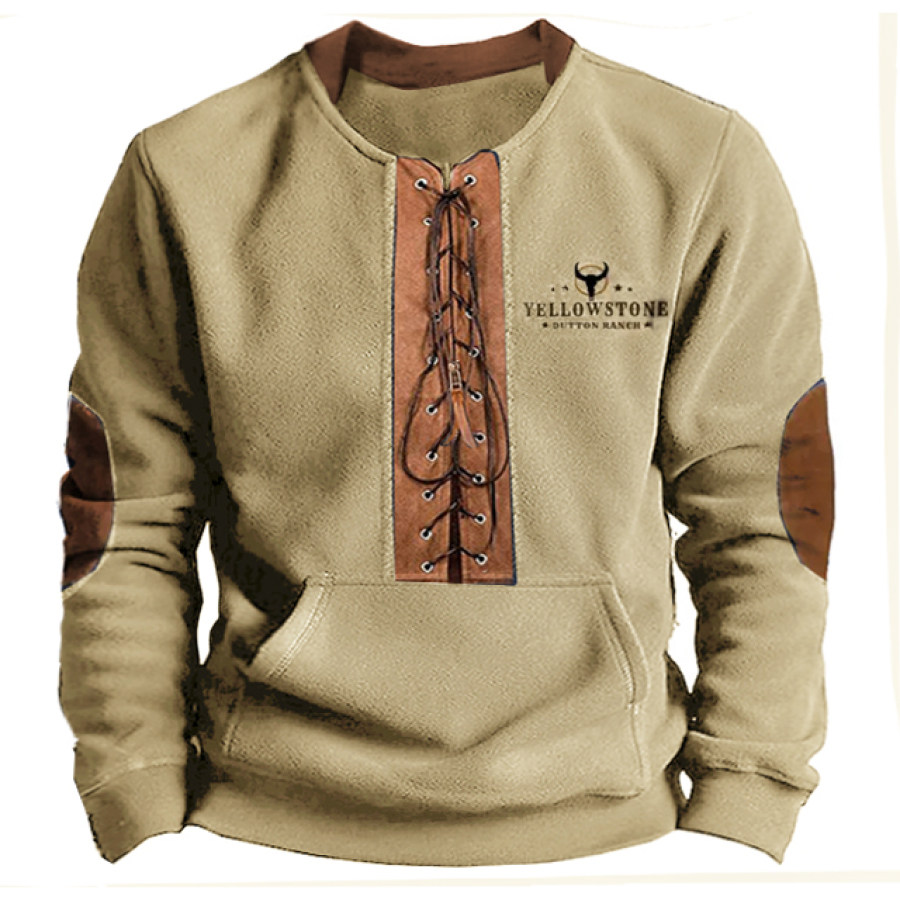 

Men's Fleece Sweatshirt Retro Yellowstone Embroidery V Neck Drawstring Thermal Pullover