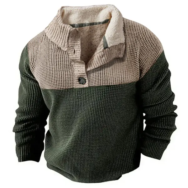 Men's Henly Fleece Waffle Sweater Pullover Outdoor Stand Collar Thick Tactical Top - Cotosen.com