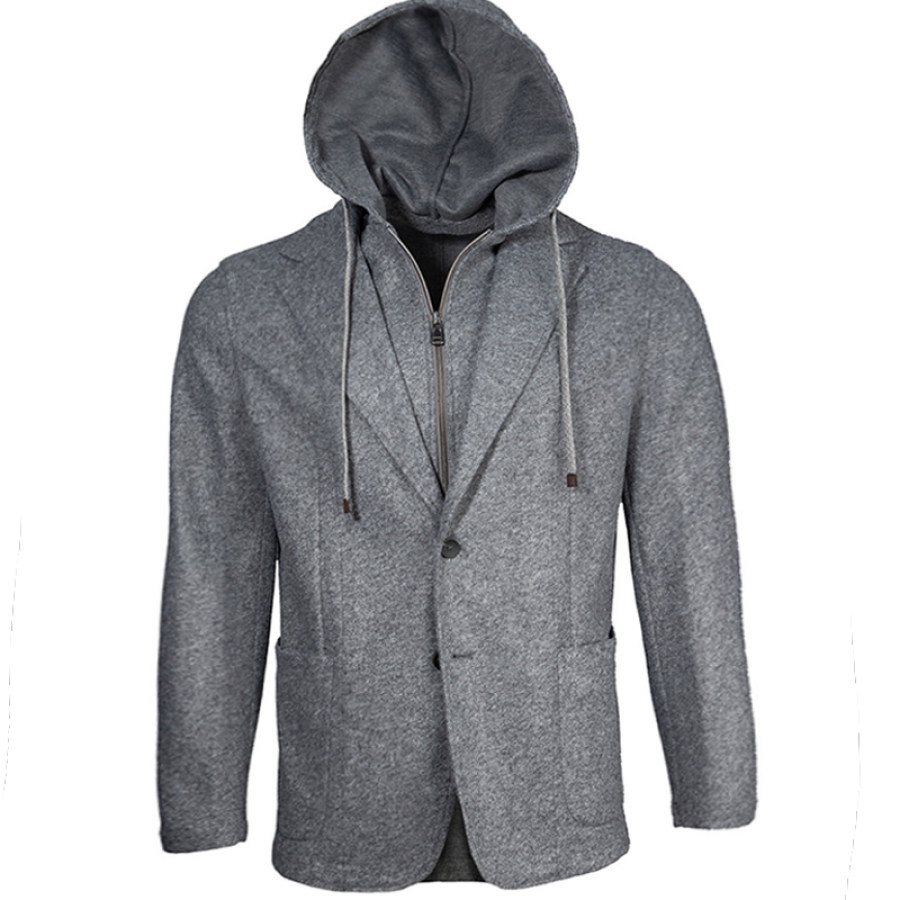 

Herren-Jacke Aus Wollmischung Retro-Hoodie-Mantel Gefälschter Zweiteiliger Abnehmbarer Reißverschluss-Hoodie-Blazer Mittellanger Mantel