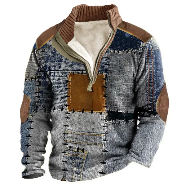 Boro Patchwork Print Designer Retro Men's Outdoor Casual 1/4 Henly Zip Fleece Sweatshirt Tand Collar Thick Top - Cotosen.com