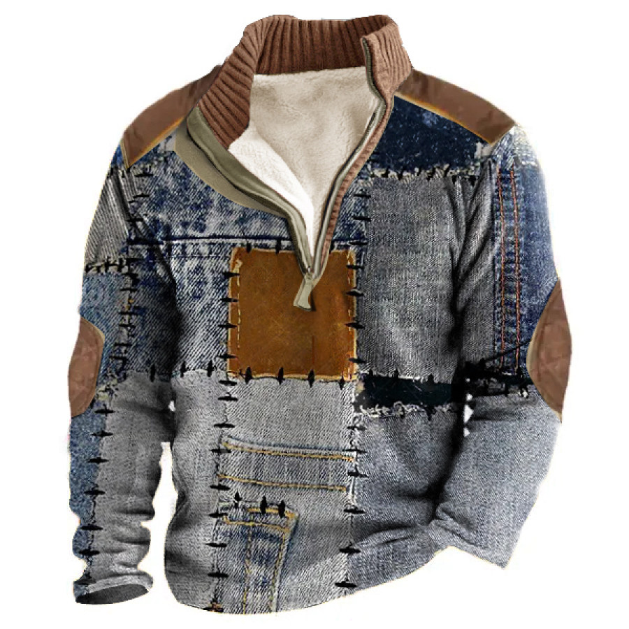 

Boro Patchwork Estampado Diseñador Retro Hombres Al Aire Libre Casual 1/4 Henly Zip Polar Sudadera Tand Cuello Grueso Top