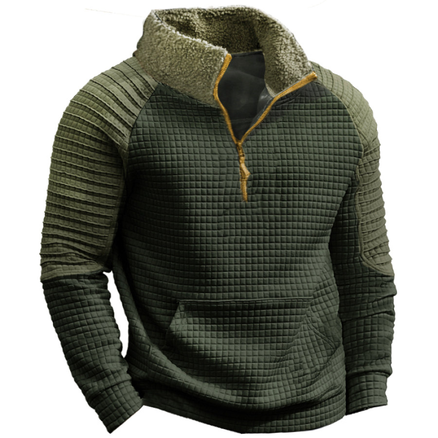 

Men's Waffle Sweatshirt 1/4 Henly Zip Fleece Stand Collar Top Outdoor Stand Collar Thick Tactical Pullover