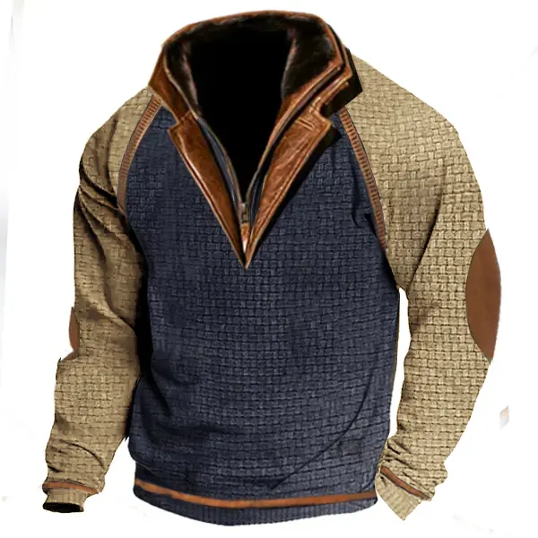 Men's Outdoor Casual Waffle Zip Polo Sweatshirt Double Layer Stand Collar Long Sleeve Vintage Contrast Tactical Pullover - Cotosen.com