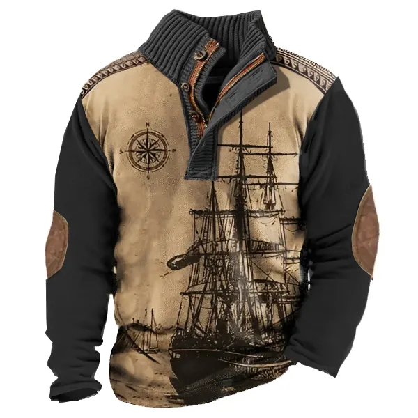 Men's Retro Nautical Print 1/4 Zip Button Stand Collar Sweatshirt