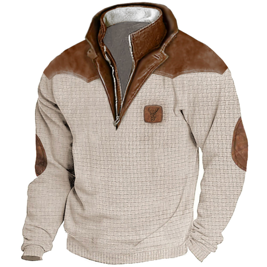 

Sweat-shirt De Vacances à Manches Longues Pour Hommes Vintage En Cuir Patchwork Fermeture éclair Col Montant