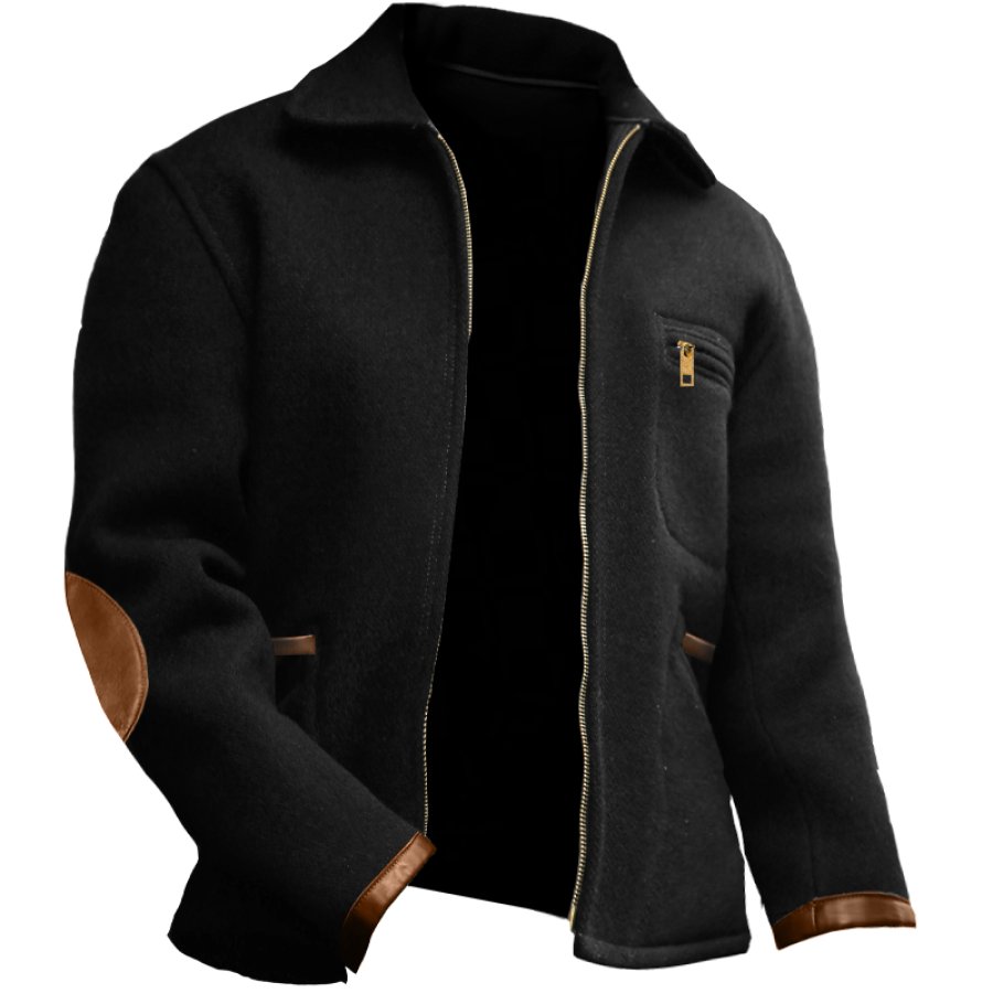 

Herren Vintage-Fleece-Leder-Colorblock-Jacke Mit Durchgehendem Reißverschluss
