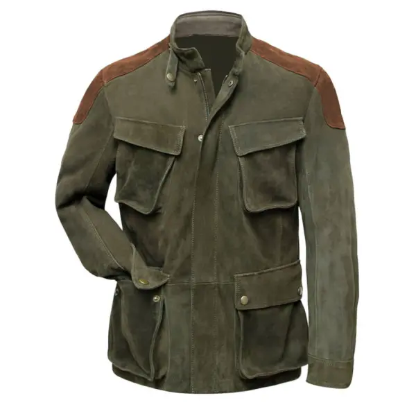 Men's Jacket Vintage Suede Multiple Pockets Contrast Color Outdoor Coat - Ootdyouth.com 