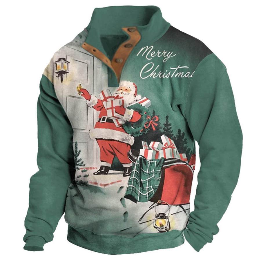 

Herren-Sweatshirt Frohe Weihnachten Weihnachtsmann Knöpfe Stehkragen Alltagsoberteile