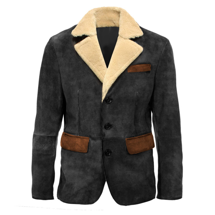 

Men's Shearling Jacket Vintage Suede Pockets Contrast Color Outdoor Coat