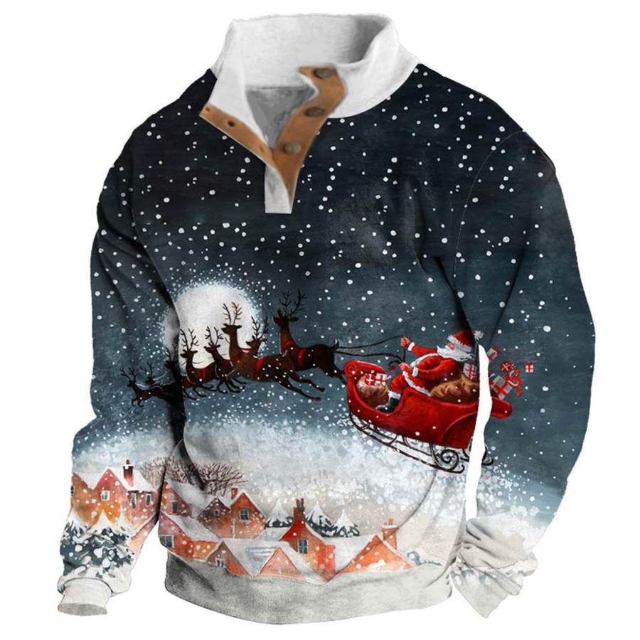 

Herren-Sweatshirt Weihnachtsmann Rentier Weihnachten Knöpfe Stehkragen Alltagsoberteile