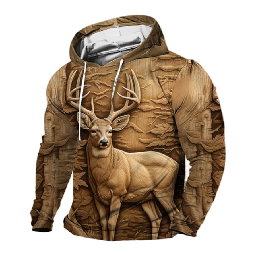

Sweat-shirt à Capuche Rétro Pour Hommes Imprimé De Chasse Au Cerf Gravé En 3D