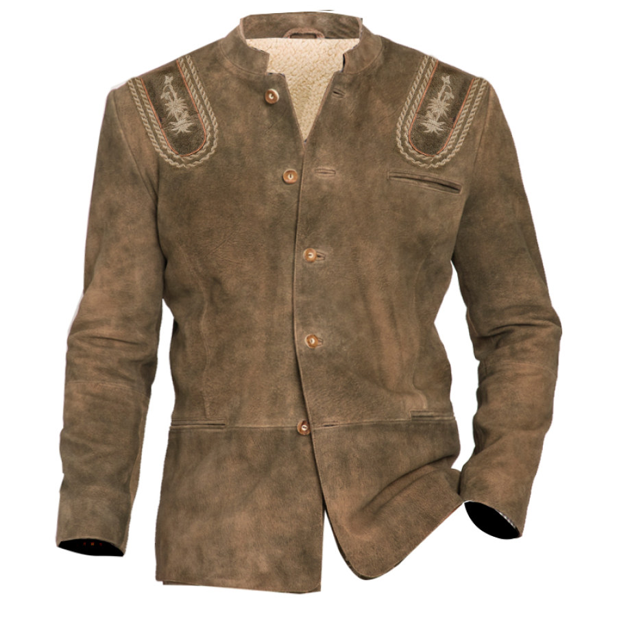 

Мужской винтажный замшевый пиджак с этнической вышивкой и воротником-стойкой плюс флисовое пальто средней длины