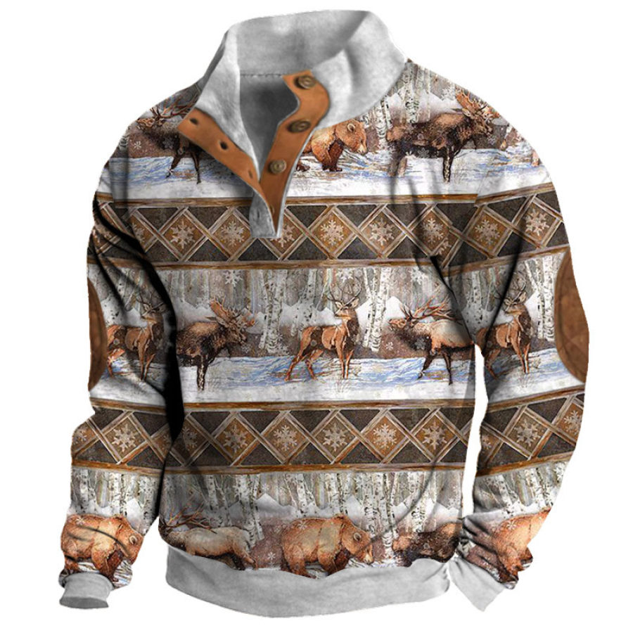 

Herren-Sweatshirt Mit Halboffenem Kragen Und Ethnischem Elch-Print Im Retro-Farbblock-Design