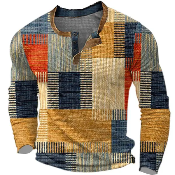 Men's Henley T-Shirt Vintage 3D Print Color Block Festival Holiday Outdoor Long Sleeve Top - Cotosen.com