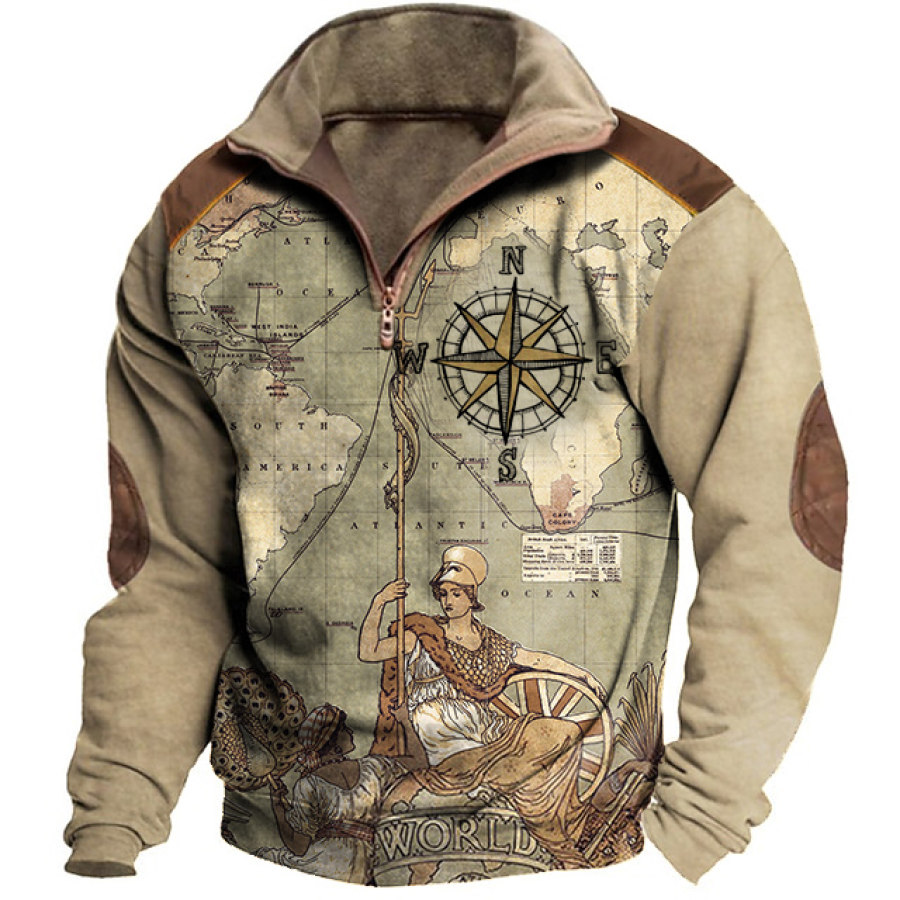

Men's Sweatshirt Vintage Nautical Map Compass Quarter Zip Contrast Color Daily Tops