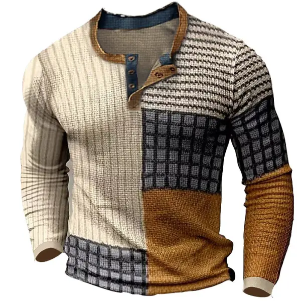 Men's Henley T-Shirt Vintage 3D Print Color Block Festival Holiday Plaid Striped Outdoor Long Sleeve Top - Blaroken.com 