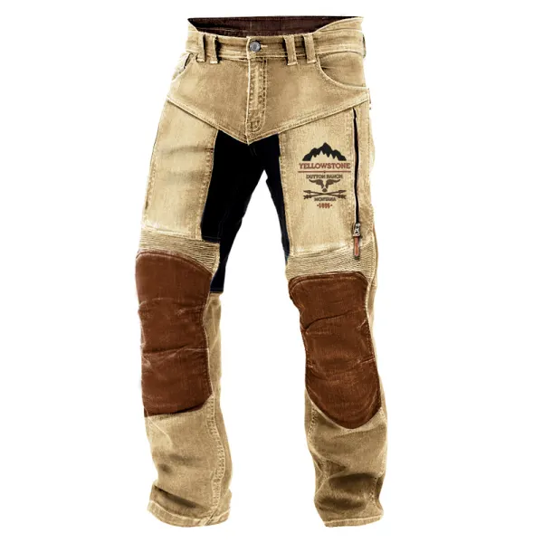 Men's Motorcycle Pants Outdoor Vintage Yellowstone Washed Cotton Washed Zippered Pocket Trousers - Cotosen.com