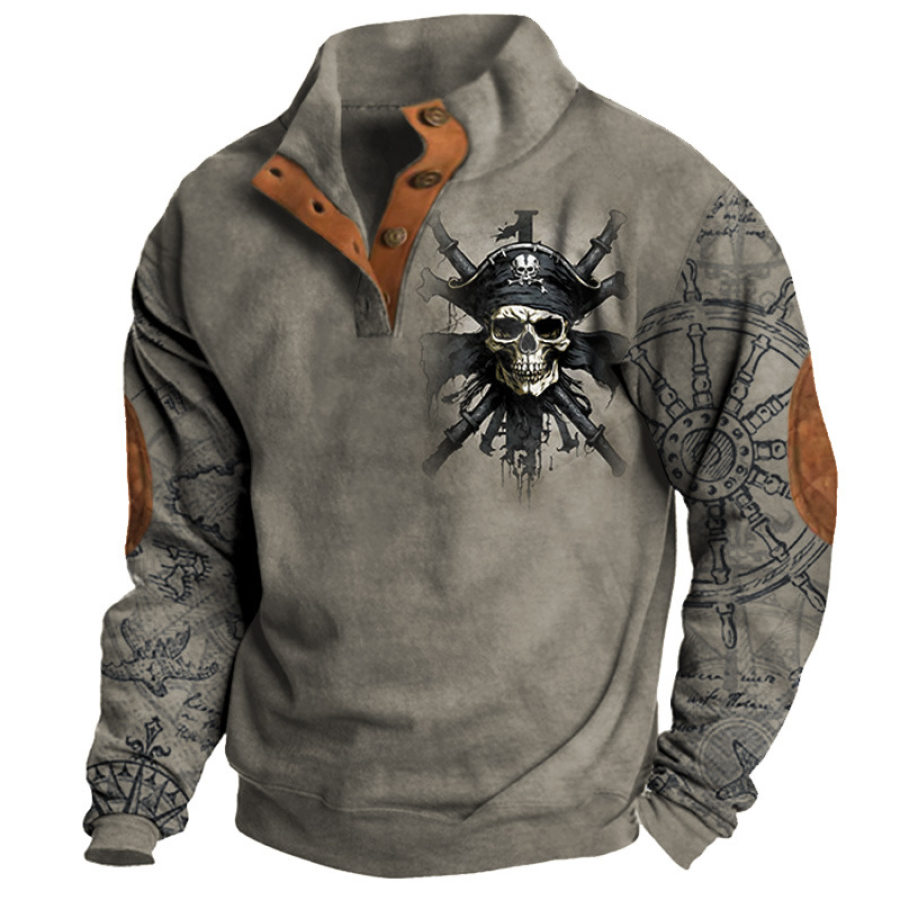 

Men's Half Open Collar Sweatshirt Vintage Nautical Pirate Print Color Block