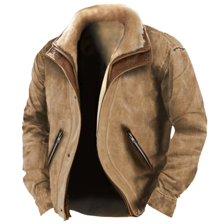 

Herren-Retro-Fleece-Arbeitsjacke Mantel Mit Pelzkragen Und Doppeltem Revers